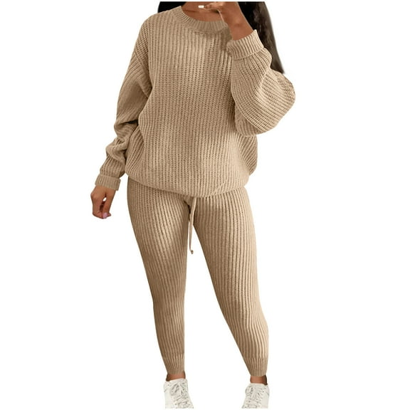 YUGYXL Women's 2 Piece Outfits Fall Sweater Sets Lounge Sets Long Sleeve Knit Pullover and Pants Tracksuit Matching Set Khaki XXXL