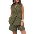thumbnail image 1 of YUGYXL Women's 2 Piece Outfits Fashion Sleeveless Buttons Blazers Suit Vest and Loose Short Pants Business Casual Double-Breasted Blazer Suits Sets Today Deals Army Green,XXL, 1 of 8