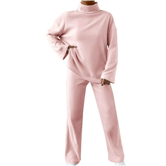 YUGYXL Women's 2 Piece Outfits Long Sleeve Turtleneck Knit Pullover Sweater and Wide Leg Pants Sweatsuit Tracksuit Sets Pink L