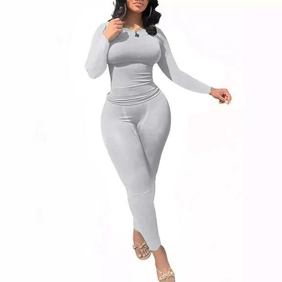 YUGYXL Women's 2 Piece Outfits Ribbed Long Sleeve Set Fitted T-shirt High Waist Elastic Leggins Casual Matching Silver M