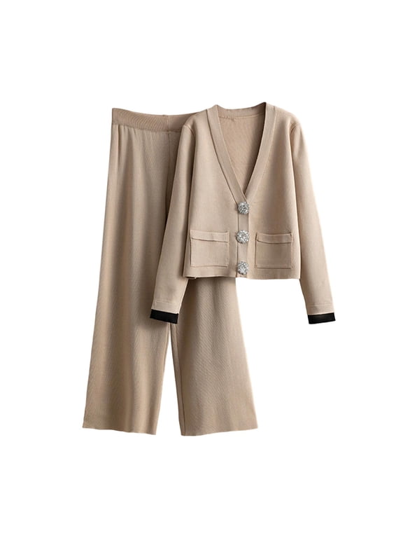 Women's 2 Piece Outfits Sweater Set Knit V Neck Button Pockets Tops Cardigan High Waisted Wide Leg Pants Lounge Set Khaki Free Size