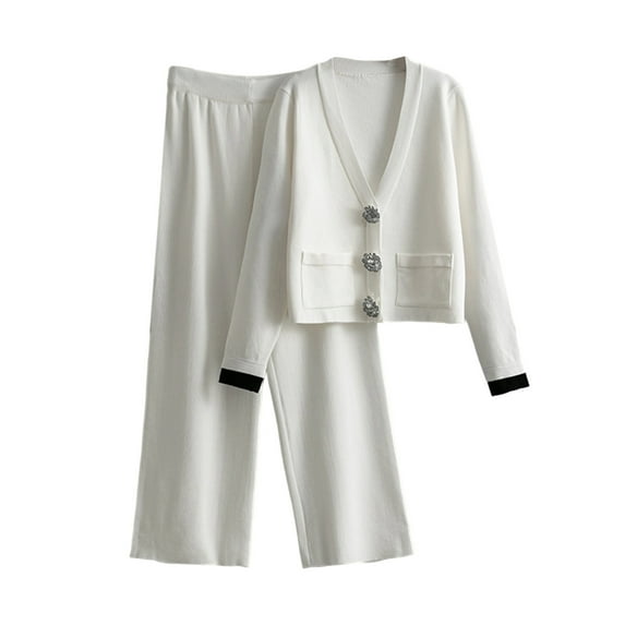 YUGYXL Women's 2 Piece Outfits Sweater Set Knit V Neck Button Pockets Tops Cardigan High Waisted Wide Leg Pants Lounge Set White Free Size