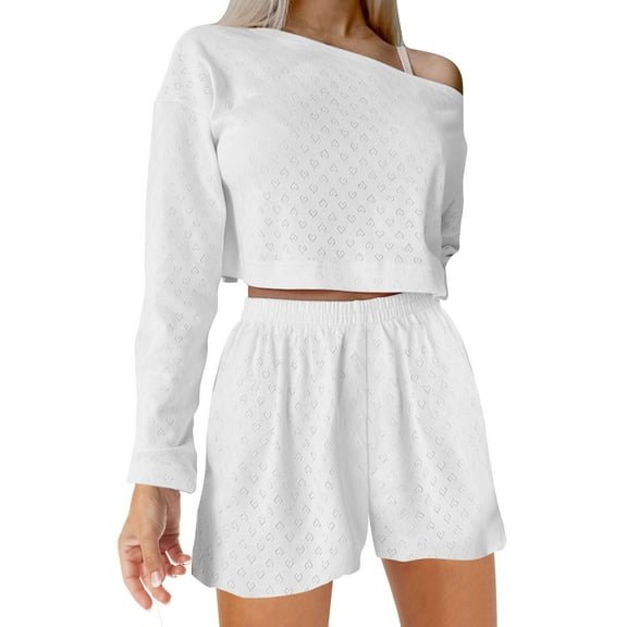 YUGYXL Women's 2 Piece Pajama Lounge Set Eyelet Off Shoulder Long Sleeve Crop Top Shorts Sets White M