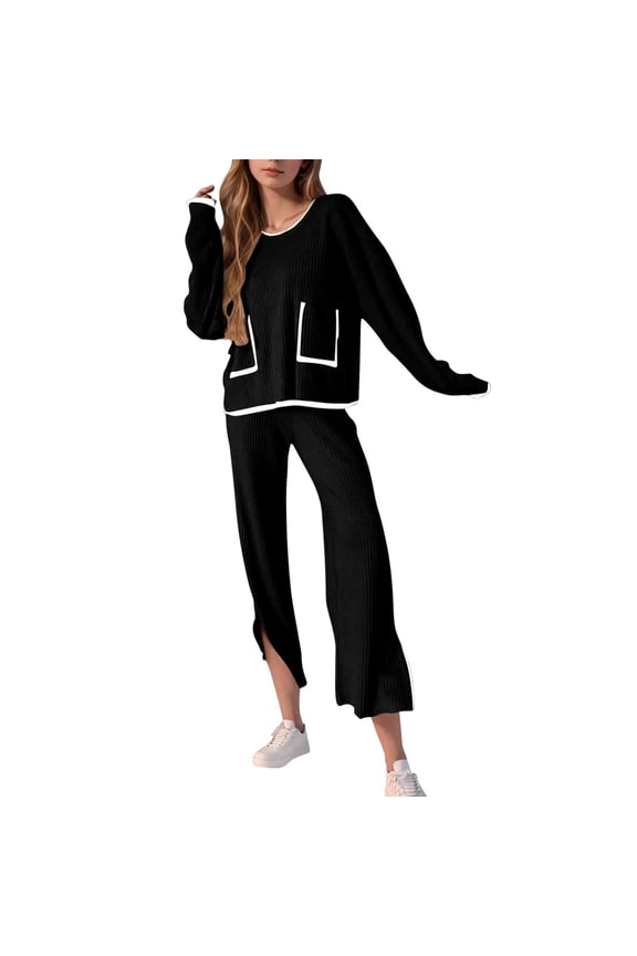 Women's 2 Piece Ribbed Knit Lounge Sets Long Sleeve Patchwork Sweater Pocket Tops Wide Leg Slit Pants Tracksuit Outfits Black XL