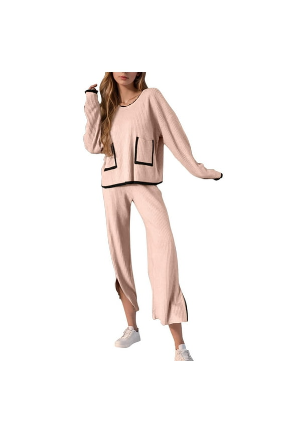 Women's 2 Piece Ribbed Knit Lounge Sets Long Sleeve Patchwork Sweater Pocket Tops Wide Leg Slit Pants Tracksuit Outfits Red XXL