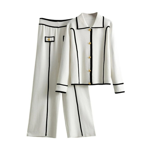 YUGYXL Women's 2 Piece Set Knitted Pullover Sweater Tops Elastic Waist Pants Lapel Collar Blouse Two Piece Set Suit White Free Size