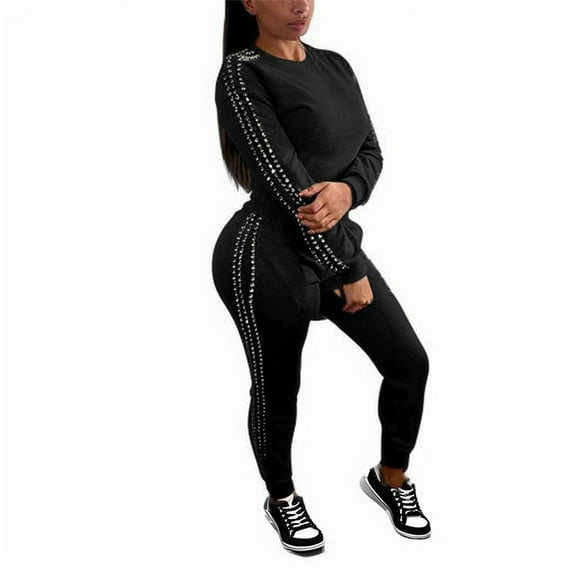 YUGYXL Women's 2 Piece Sweatsuit Casual Long Sleeve Crew Neck Shirts Top and Jogger Pants Set Tracksuit with Side Pearl Decor Black XL