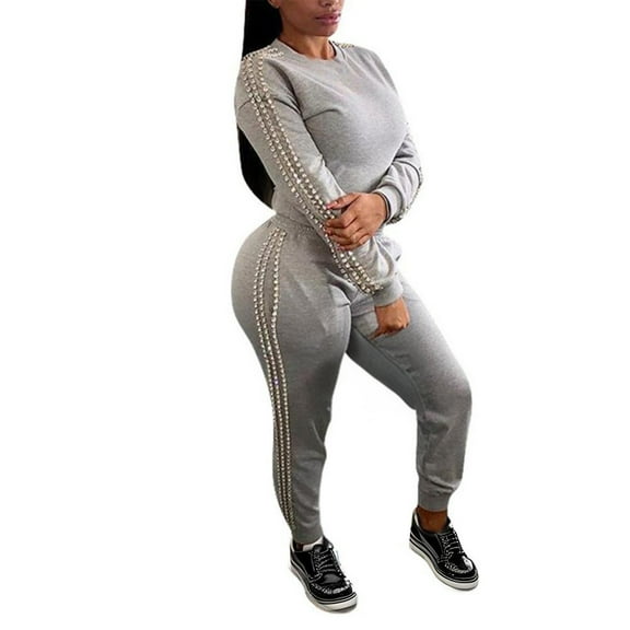 YUGYXL Women's 2 Piece Sweatsuit Casual Long Sleeve Crew Neck Shirts Top and Jogger Pants Set Tracksuit with Side Pearl Decor Gray L