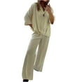 thumbnail image 1 of YUGYXL Women's 2 Piece Travel Outfits Casual Striped Lapel Long Sleeve Shirts Wide Leg Pants Fall Lounge Sets Tracksuits Beige XXXL, 1 of 9