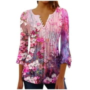 YUGYXL Women's 3/4 Bell Sleeve Blouse Vacation Oil Paint Floral Print Henley Shirt Casual Button V-Neck Ruffled Tunics Swing Pleated Plus Size Tops