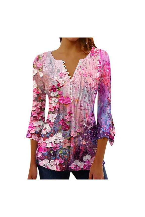 Women's 3/4 Bell Sleeve Blouse Vacation Oil Paint Floral Print Henley Shirt Casual Button V-Neck Ruffled Tunics Swing Pleated Plus Size Tops