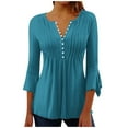 thumbnail image 1 of YUGYXL Women's 3/4 Length Sleeve Shirts Ruffle Button V Neck Comfy Tshirts Flowing Bell Sleeve Tees Solid Color Soft Tunics Blouses Tops Blue L, 1 of 5