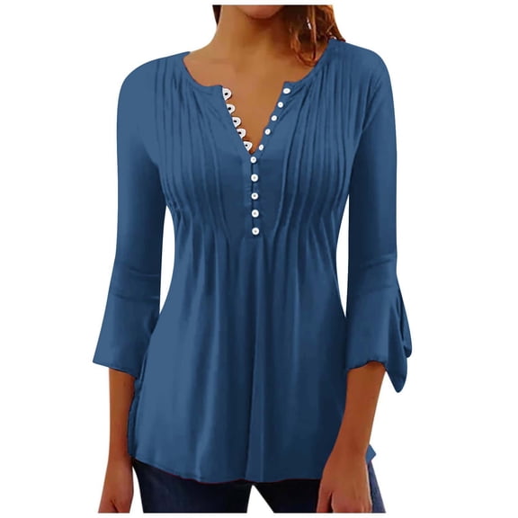 YUGYXL Women's 3/4 Length Sleeve Shirts Ruffle Button V Neck Comfy Tshirts Flowing Bell Sleeve Tees Solid Color Soft Tunics Blouses Tops Dark Blue L