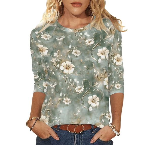 YUGYXL Women's 3/4 Sleeve Floral Graphic Shirts Plus Size Tunic Tops Boho Casual Crewneck Blouses Summer Dressy Shirts O Multicolor L