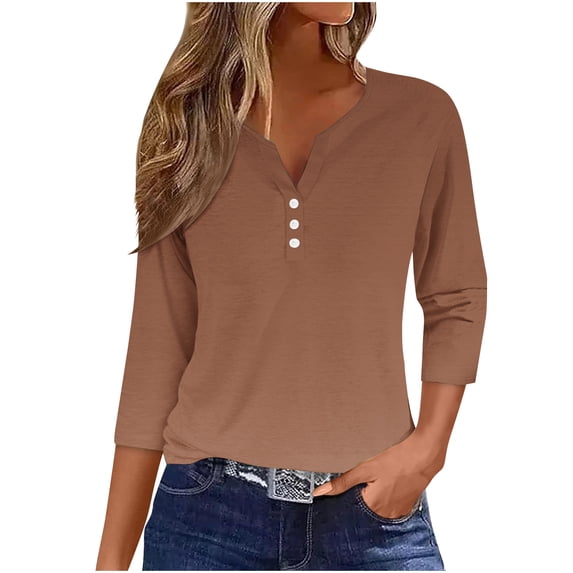 YUGYXL Women's 3/4 Sleeve Henley Shirt Button V-Neck Plus Size Blouse Summer Solid Color Tunics Casual Trendy Outdoor Pullover Top