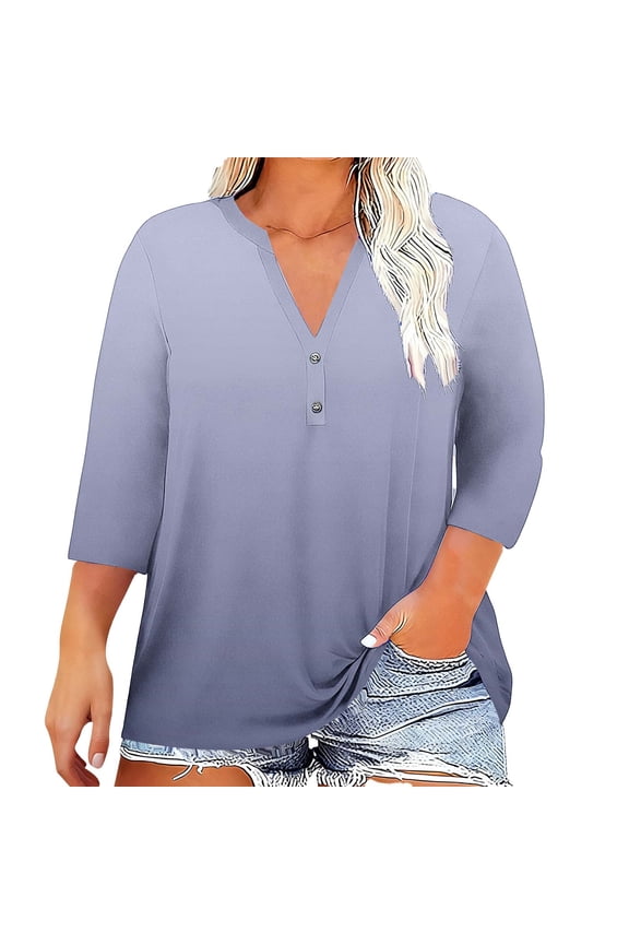 Women's 3/4 Sleeves Plus Size Tops V-Neck Button Gradient Color Tshirts Fashion Casual Comfortable Pullover Shirts Yellow L