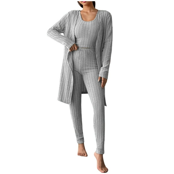 YUGYXL Women's 3 Piece Lounge Sweatsuit Ribbed Knit Long Sleeve Cardigan Sleeveless Crop Tank Top Legging Pants Loungewear Sets Gray XL