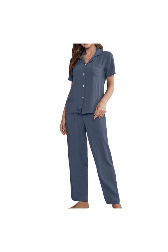 Women's 3 Piece Pajamas Set Lapel Button Down Short Sleeve Tops Long Pant and Bra Casual Solid Color Loungewear Sets Gray S
