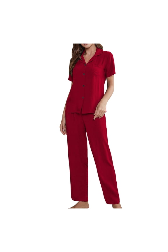 Women's 3 Piece Pajamas Set Lapel Button Down Short Sleeve Tops Long Pant and Bra Casual Solid Color Loungewear Sets Red S