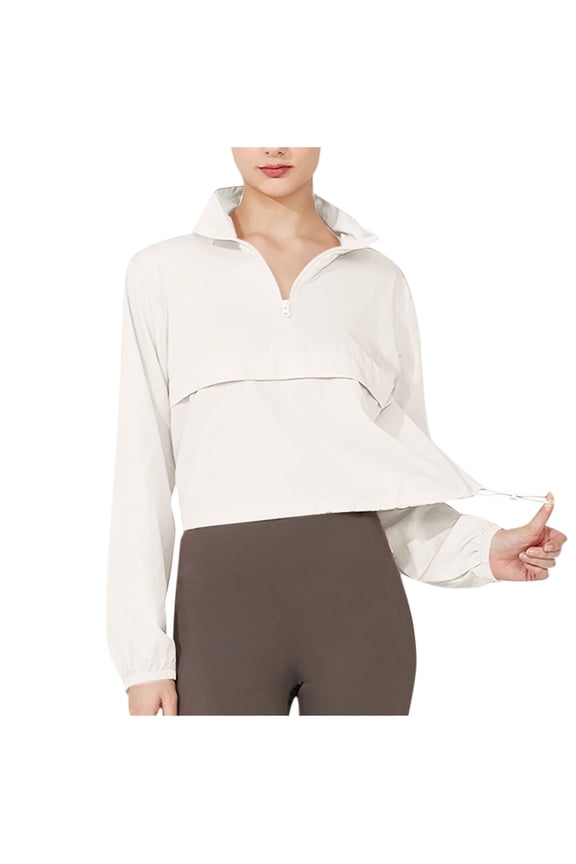 Women's Athletic Cropped Jacket Lightweight Windbreaker Sport Jacket Quarter Zip Long Sleeve Workout Tops Gym Yoga White Pullover S