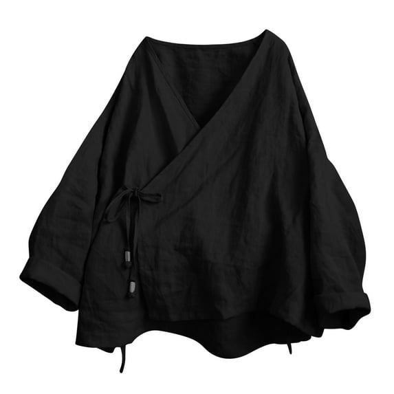 YUGYXL Women's Bandage Cardigan Long Sleeve Wrap Front Cotton Linen Hanfu Costume Irregular Shirt Tops Black S
