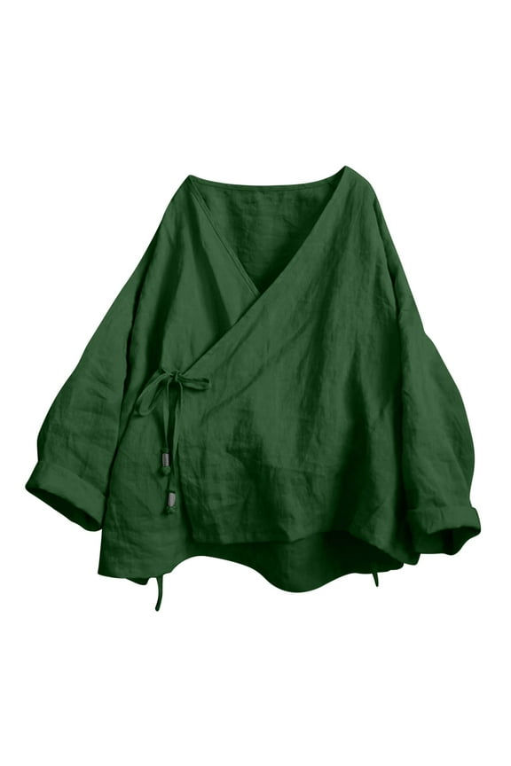 Women's Bandage Cardigan Long Sleeve Wrap Front Cotton Linen Hanfu Costume Irregular Shirt Tops Green L
