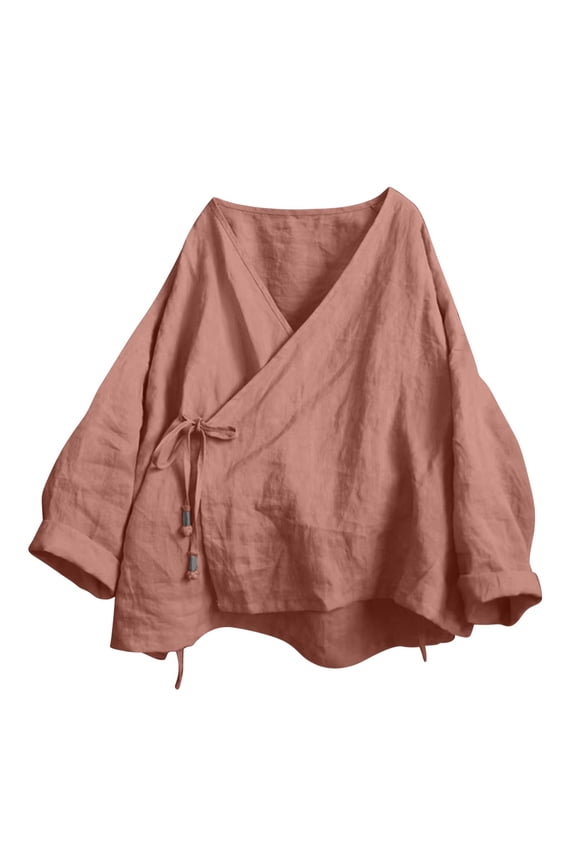 Women's Bandage Cardigan Long Sleeve Wrap Front Cotton Linen Hanfu Costume Irregular Shirt Tops Pink S