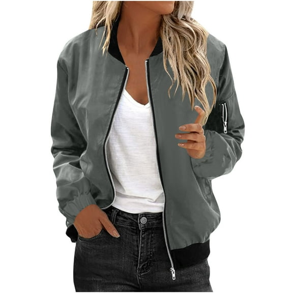 YUGYXL Women's Bomber Jacket Casual Coat Zip Up Outerwear Windbreaker with Pockets Gray M