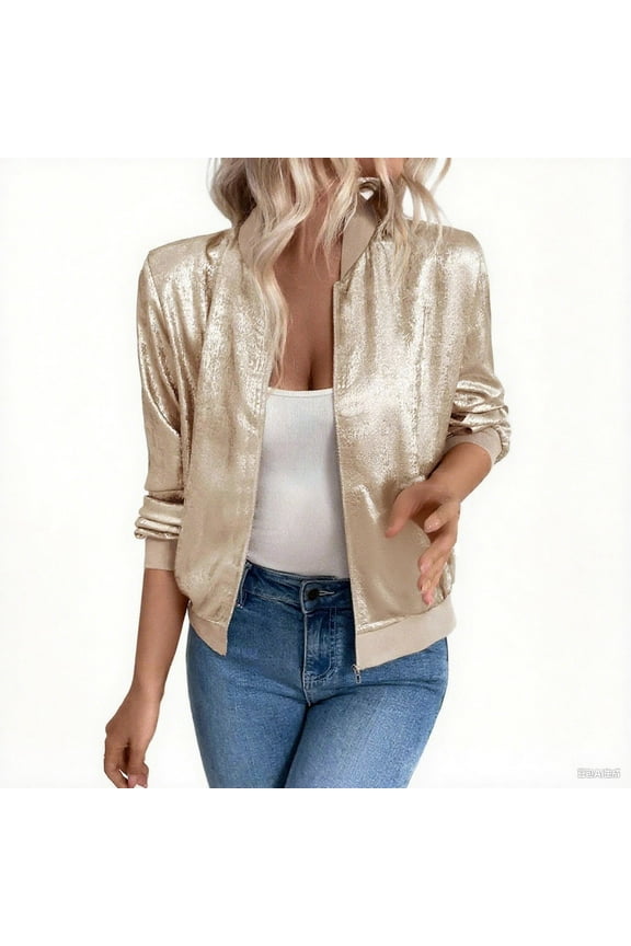 Women's Bomber Jacket Lightweight Zip Up Long Sleeve Fashion Jacket Outwear Gold S
