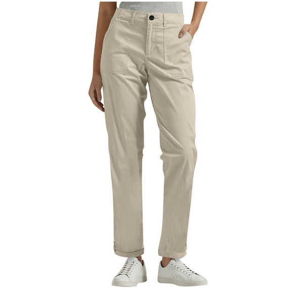 YUGYXL Women's Business Trousers Casual Button Zipper Dressy Straight Pant with Pockets Solid Color Comfy Office Pants Beige M