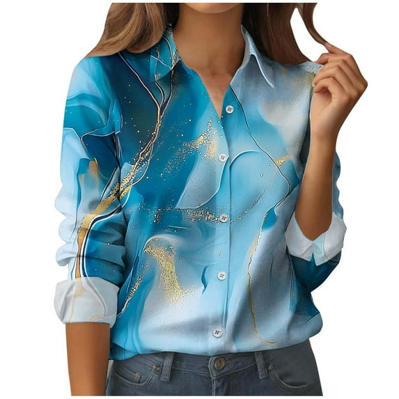 YUGYXL Women's Button Down Shirt Long Sleeve Collared Blouses Dressy Casual Business Work Tops Floral Print Dress Shirts C Blue S
