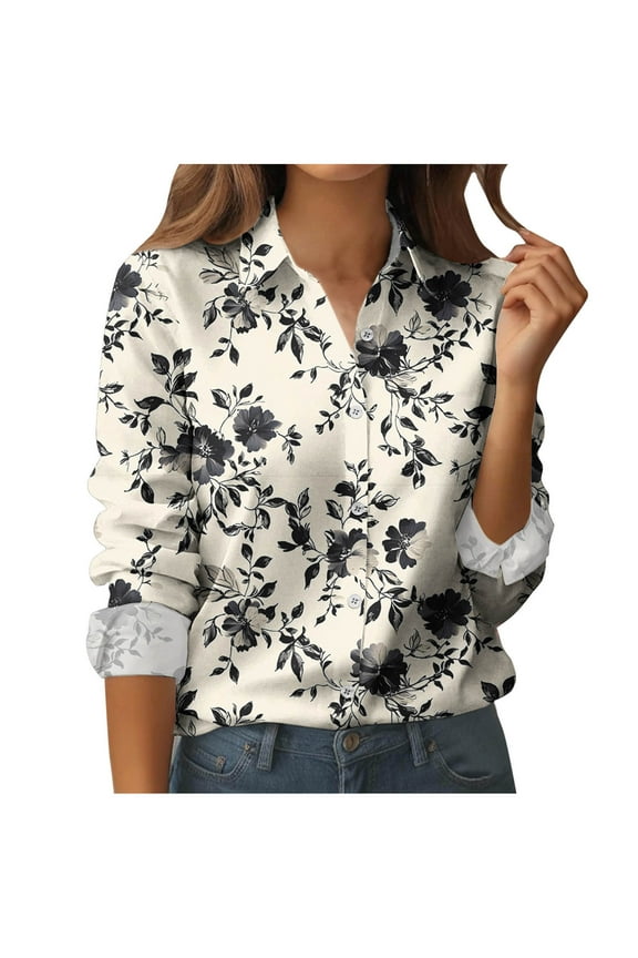 Women's Button Down Shirt Long Sleeve Collared Blouses Dressy Casual Business Work Tops Floral Print Dress Shirts Khaki XXL