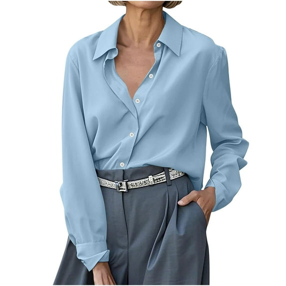 YUGYXL Women's Button Down Shirts Classic Fit Dress Shirt Work Business Casual Long Sleeve Blouse Tops Blue L