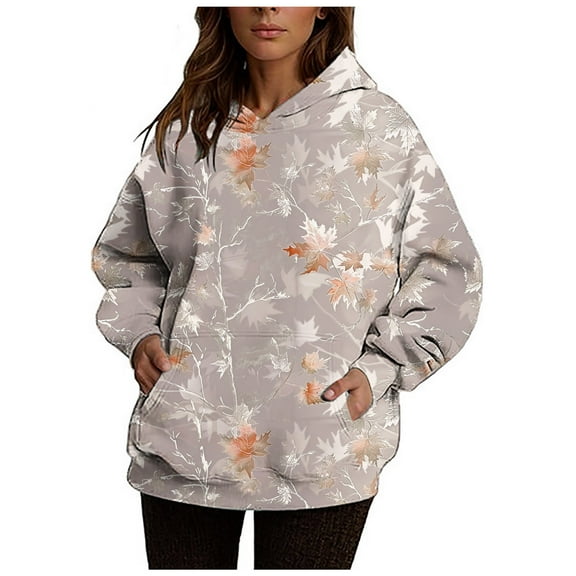 YUGYXL Women's Camo Hoodie Maple-Leaf Print Oversized Sweaters Fleece Casual Long Sleeve Pullover Sweatshirts with Pockets Dark Gray XL