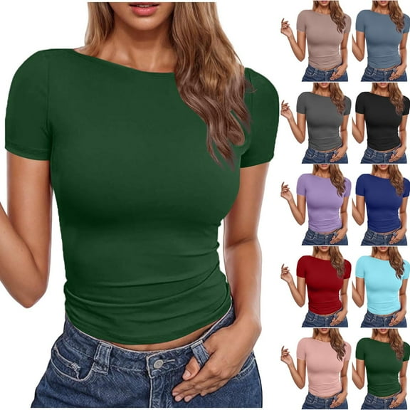 YUGYXL Women's Casual Basic Going Out Crop Tops Slim Fit Short Sleeve Crew Neck Tight T Shirts Black L