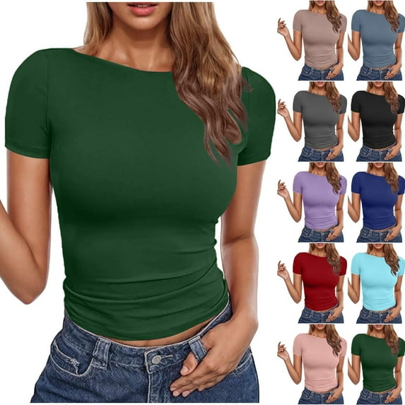YUGYXL Women's Casual Basic Going Out Crop Tops Slim Fit Short Sleeve Crew Neck Tight T Shirts Gray S