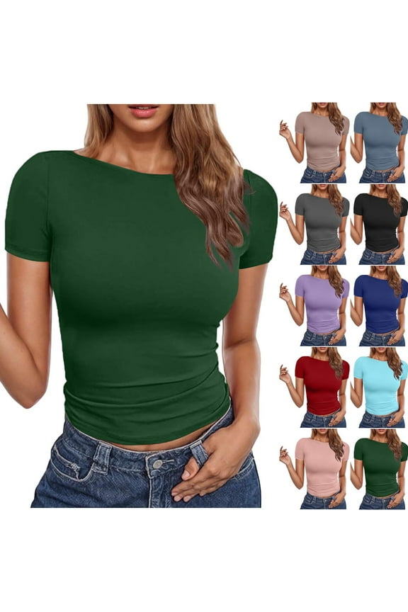 Women's Casual Basic Going Out Crop Tops Slim Fit Short Sleeve Crew Neck Tight T Shirts Khaki S