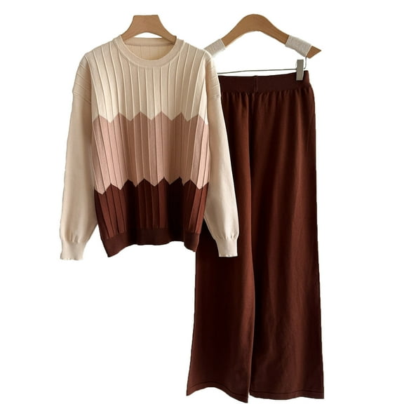 YUGYXL Women's Casual Color Block 2 Piece Round Neck Long Sleeve Knit Sweater High-Waisted Lounge Leg Pants Loungewear Set Coffee Free Size