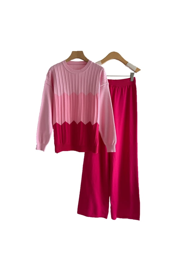 Women's Casual Color Block 2 Piece Round Neck Long Sleeve Knit Sweater High-Waisted Lounge Leg Pants Loungewear Set Pink Free Size