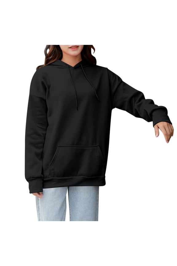 Women's Casual Long Sleeve Sweatshirts Hooded Pullover with Pocket Drawstring Solid Color Comfy Hoodies Black S