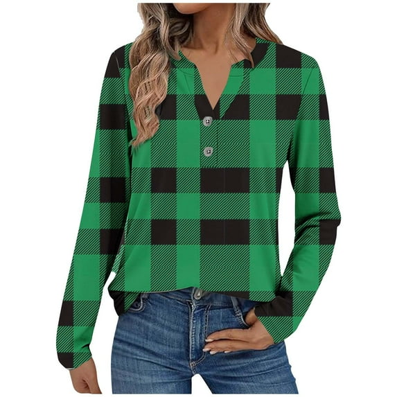 YUGYXL Women's Casual Plaid Blouse Henley V Neck Button Long Sleeve Pullover Soft Shirt Tunic Fashion Tops for Women Green L