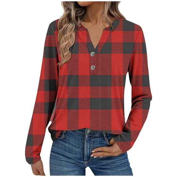 YUGYXL Women's Casual Plaid Blouse Henley V Neck Button Long Sleeve Pullover Soft Shirt Tunic Fashion Tops for Women Red XXXL