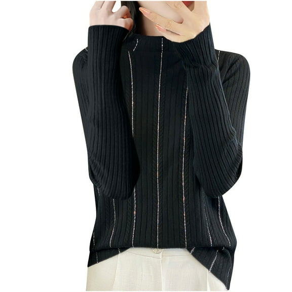 YUGYXL Women's Casual Striped Long Sleeve Rhinestone Tops Crew Neck Knit Shirts Dressy Blouses Lightweight Pullover Sweater Black XXL