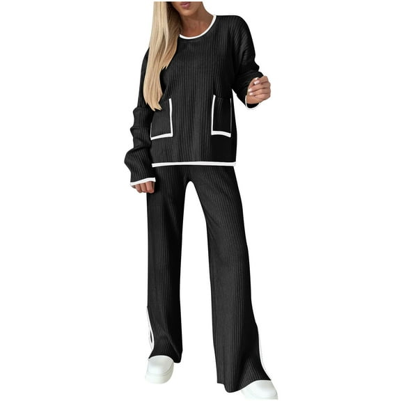 YUGYXL Women's Casual Trousers Suits Color Block Design Stylish Two Piece Set Featuring Contrast Pocket Top Black L