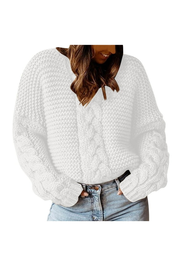 Women's Chunky Cable Knit Sweater Pullovers Crewneck Long Sleeve Baggy Jumper Fall Winter Fashion Warm Sweaters White S