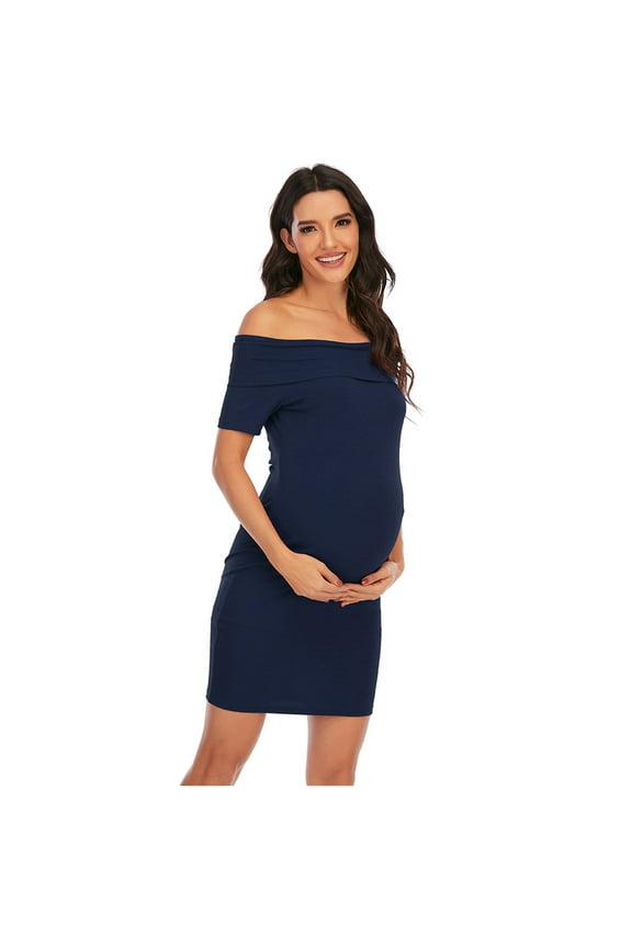 Women's Comfy Maternity Dress Lounge Short Sleeve Off Shoulder Ruched Clothes for Baby Shower Soft Breathable Stretchy Pregnant Short Dresses Sale Blue,L