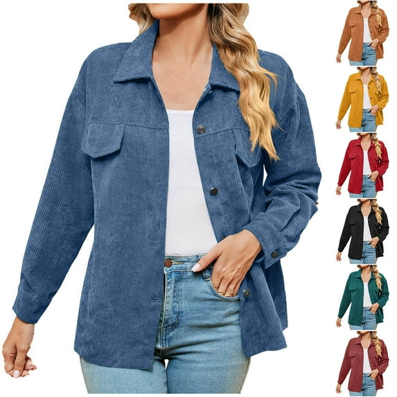 YUGYXL Women's Corduroy Button Down Shirts Casual Long Sleeve Lapel Coat Oversized Trendy Solid Color Shacket Jacket Sale