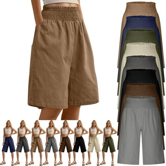 YUGYXL Women's Cotton Linen Bermuda Pants Dressy Stretch Waist Short with Pockets Loose Wide Leg Shorts Outdoor Hiking Shorts Army Green XXL