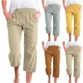 thumbnail image 1 of YUGYXL Women's Cotton Linen Capris Summer Plus Size Capri Pants Loose Drawstring Elastic Waist Hiking Pants with Pockets Coffee L, 1 of 6