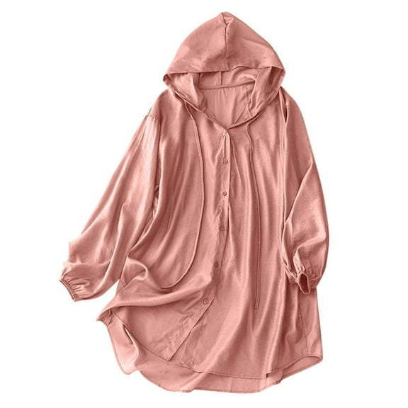 YUGYXL Women's Cotton Linen Sun Protection Shirts Hoodie Lightweight Swimsuit Beach Coverups Long Sleeve Hooded Button Shirts Pink L